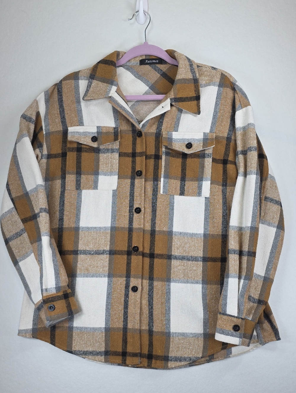 Automet Men’s Dark Tan/light‎ Brown And Cream And Black Plaid Shacket Oversized